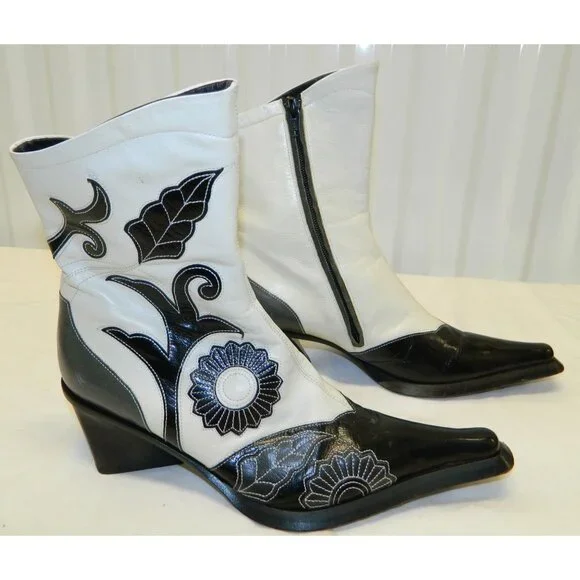 Vtg Goffredo Fantini Boots Sz 7 Black White Leather Ankle Boots Floral Appliqué - Picture 5 of 16